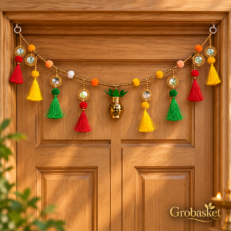 Multicolour Tassel & Mirror Door Toran with Kalash-85-90cm