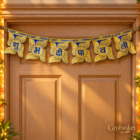 Shubh Diwali Glitter Door Toran – Blue & Gold-85-90cm